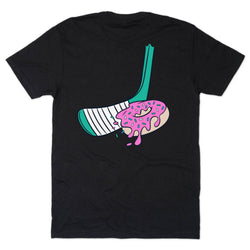 Black t-shirt with a colorful hockey donut graphic design on a white background