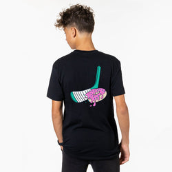 Person wearing a black t-shirt with a colorful hockey donut graphic on the back against a white background