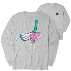 Gray long-sleeve shirt with a hockey stick and donut graphic on a white background