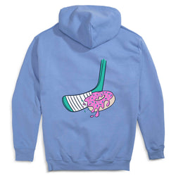 Light blue hoodie with a colorful hockey donut graphic on the back against a white background