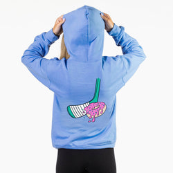 Person wearing a lightblue hoodie with a colorful graphic on the back against a white background
