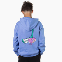 Person wearing a blue hoodie with a unique hockey donut design on the back against a white background