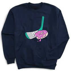 Navy blue sweatshirt with a graphic of a donut and a hockey stick on a white background