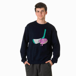 Person wearing a black sweatshirt with a colorful hockey graphic design on a white background