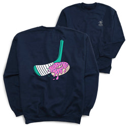 Navy blue sweatshirt with a hockey stick and donut design on the back, displayed on a white background.