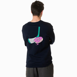 Person wearing a black sweatshirt with a colorful hockey donut graphic on the back against a white background