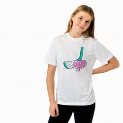 Person wearing a white t-shirt with a graphic design on a white background