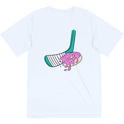 White t-shirt with a graphic of a hockey stick and donut on a white background