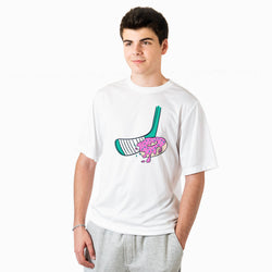 Person wearing a white t-shirt with a hockey stick and donut graphic design on a white background