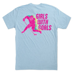 Light blue t-shirt with 'Girls with Goals' graphic on the back