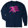 Navy blue long-sleeve shirt with pink graphic design and 'Girls with Goals' text on a white background
