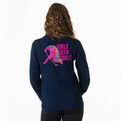 Navy blue long sleeve tee with 'Girls with Goals' graphic on the back, worn by a person.