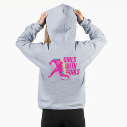 Gray hoodie with 'Girls with Goals' graphic on the back, worn by a person.