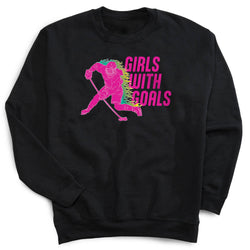 Black sweatshirt with 'Girls with Goals' graphic design on a white background