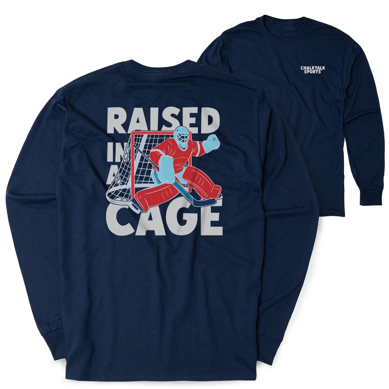 Hockey Tshirt Long Sleeve - Raised In A Cage Hockey (Back Design