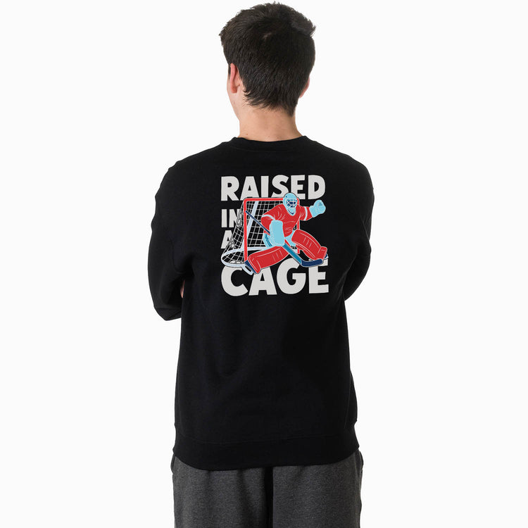 Hockey Crewneck Sweatshirt - Raised In A Cage Hockey (Back Design)