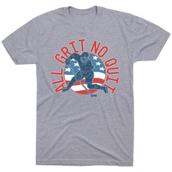 Gray t-shirt with hockey graphic and 'All Grit No Quit' text on a white background