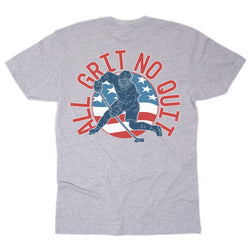 Gray t-shirt with a hockey player graphic and 'All Grit No Quit' text on a white background