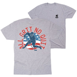 Gray t-shirt with a graphic of a hockey player and 'All Grit No Quit' text on a white background