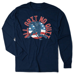 Navy blue long-sleeve shirt with a graphic of a hockey player and 'All Grit No Out' text on a white background
