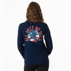 Navy long-sleeve shirt with 'All Grit No Quit' hockey graphic on the back, worn by a person.