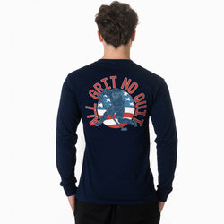 Person wearing a navy blue long-sleeve shirt with a hockey graphic and 'All Grit No Quit' text on the back, on a white background