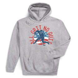 Gray hoodie with a graphic design featuring a hockey player and text on a white background