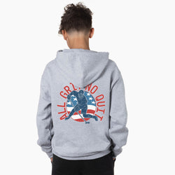 Person wearing a gray hoodie with a hockey graphic design on the back, featuring 'All Grit No Quit' text and an American flag.