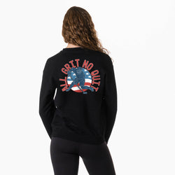 Person wearing a black sweatshirt with 'All Grit No Quit' graphic on the back, on a white background