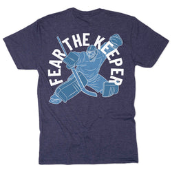 Navy t-shirt with a graphic of a hockey goalie and text 'FEAR THE KEEPER' on a white background