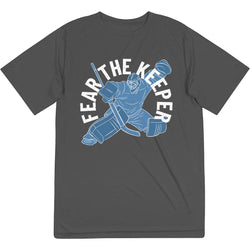 Gray t-shirt with a graphic of a hockey goalie and 'Fear The Keeper' text on a white background