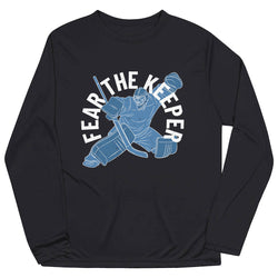 Black long-sleeve shirt with a graphic of a hockey goalie and 'Fear The Keeper' text on a white background
