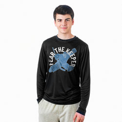 Person wearing a black long-sleeve shirt with 'Fear The Keeper' graphic design on a white background