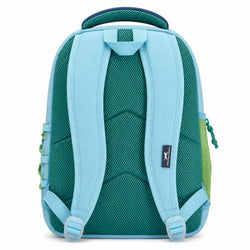 The back view of a backpack in light blue and teal mesh, featuring padded shoulder straps, a top carry handle, and a small brand tag on the side.