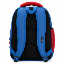The back view of a backpack in blue and black with red accents, featuring padded shoulder straps, a top carry handle, and side mesh pockets, shown on a white background.