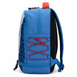 A blue backpack with a black mesh back panel, red lacing detail on the front pocket, and a red top pull tab, shown against a plain white background.
