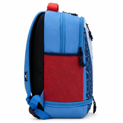 A blue and red backpack shown from the side against a white background, featuring a large red mesh pocket, black padded shoulder straps, and a blue patterned side panel.