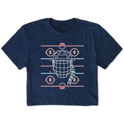 Navy blue t-shirt with a hockey graphic design of a helmet on a white background