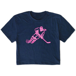 Navy blue t-shirt with pink hockey graphic design on a white background