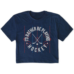 Navy blue t-shirt with 'I'd Rather Be Playing Hockey' text and graphics on a white background