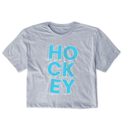 Gray t-shirt with 'Hockey' printed in blue on a white background