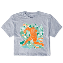Gray t-shirt with a graphic of a hockey player and text on a white background