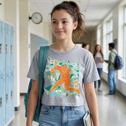 Girl student wearing Hockey Girl crop t-shirt in school hallway