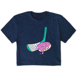 Navy blue t-shirt with a graphic design of a hockey stick and donut on a white background