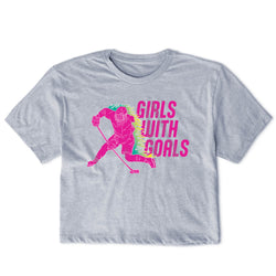Gray t-shirt with pink graphic of a hockey player and 'Girls with Goals' text on a white background