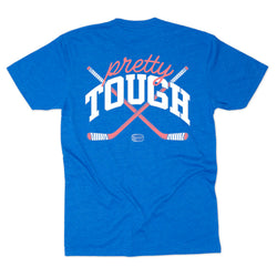 Blue t-shirt with 'pretty tough' graphic on a white background