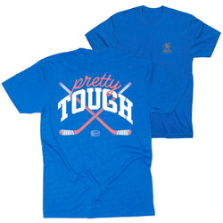 Blue t-shirt with 'pretty tough' text and hockey graphics on a white background