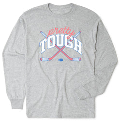 Gray long-sleeve shirt with 'pretty tough' graphic design on a white background
