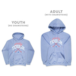 Light blue hoodie with 'Pretty Tough' text on a white background