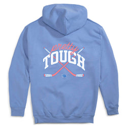 Blue hoodie with 'pretty tough' text and hockey stick design on the back against a white background